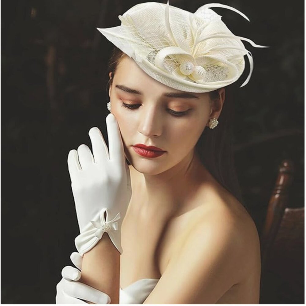 π€ Ivory π€ Vintage-style Fascinator and Gloves - Picture 3 of 8